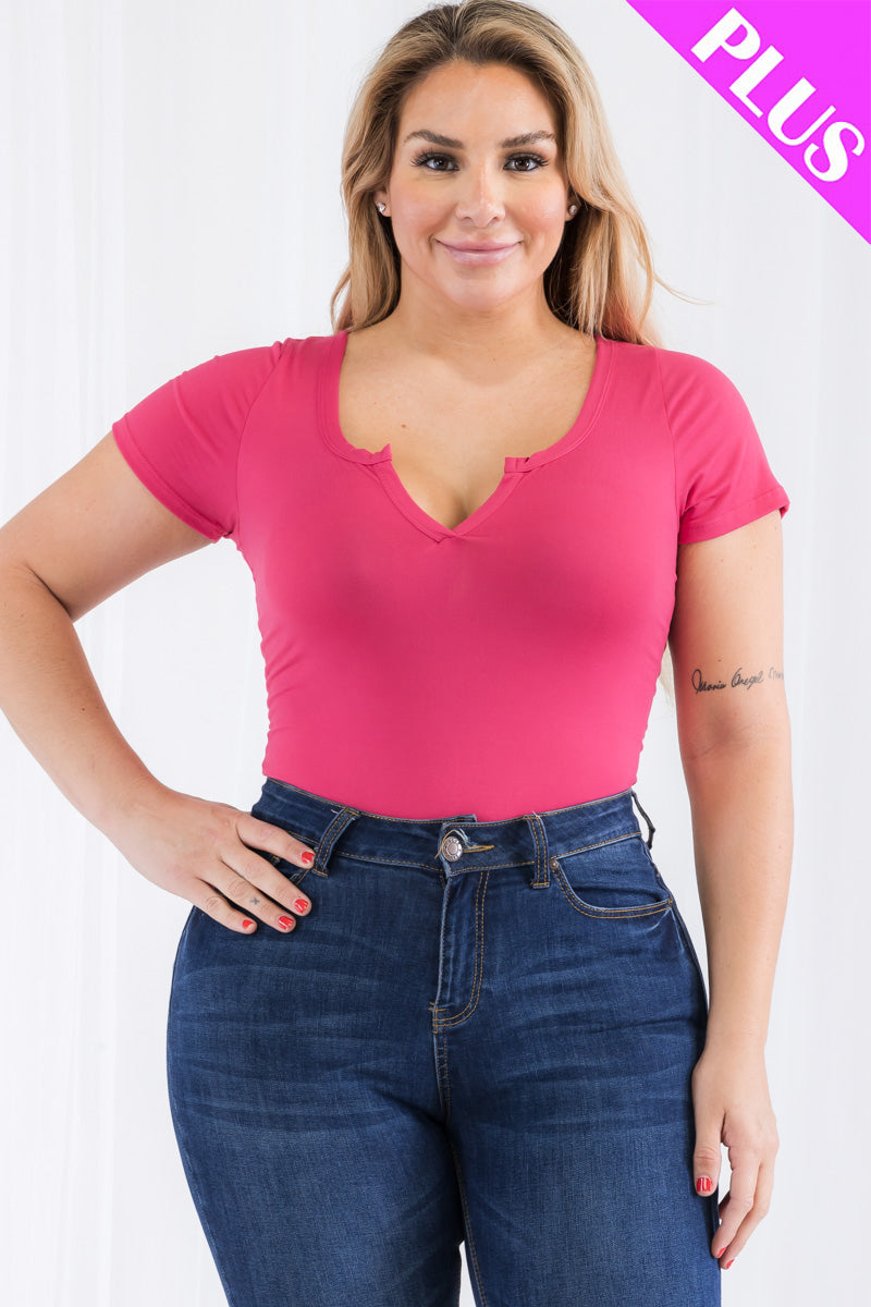 Plus Size Casual Split Neck Solid Short Sleeve Bodysuit - Capella Apparel