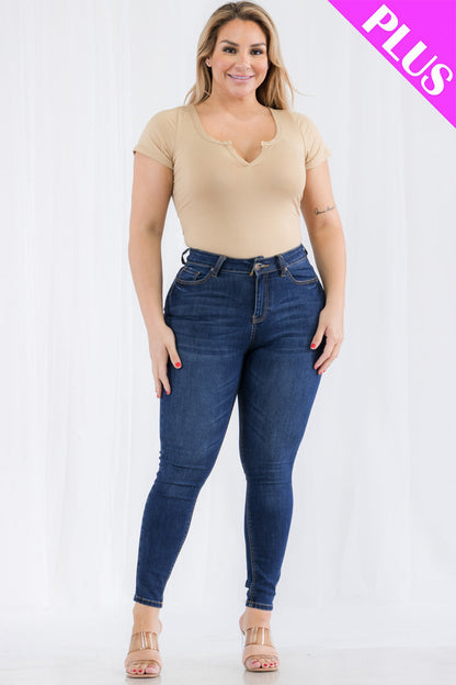 Plus Size Casual Split Neck Solid Short Sleeve Bodysuit (CAPELLA) - Capella Apparel