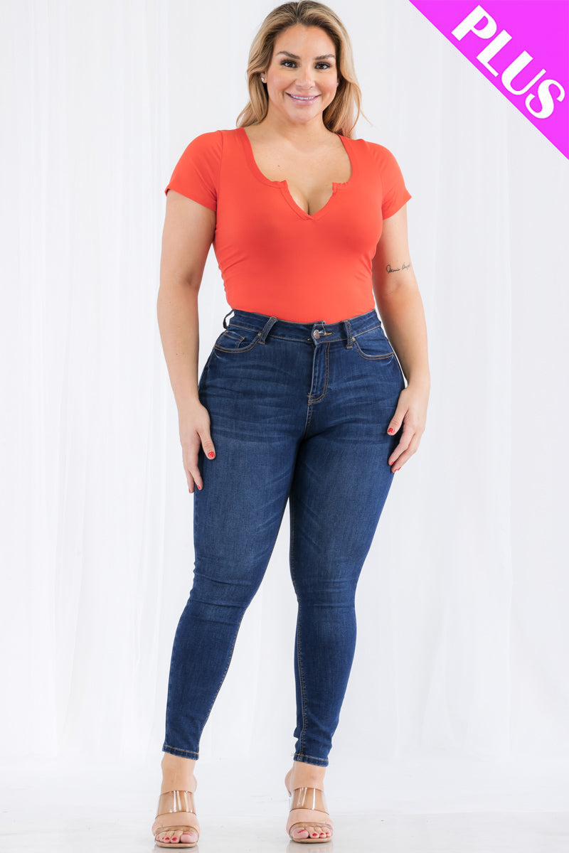 Plus Size Casual Split Neck Solid Short Sleeve Bodysuit - Capella Apparel