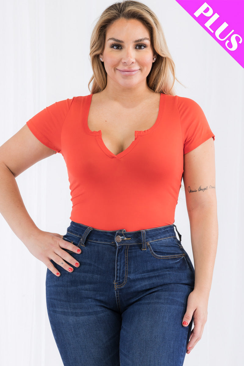 Plus Size Casual Split Neck Solid Short Sleeve Bodysuit - Capella Apparel