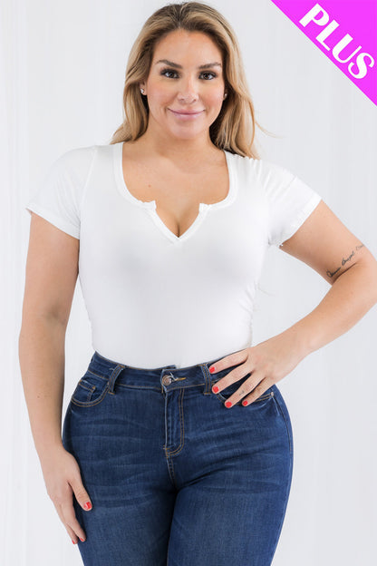 Plus Size Casual Split Neck Solid Short Sleeve Bodysuit (CAPELLA) - Capella Apparel