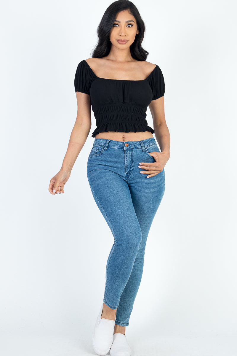 Casual Ruched Puff Sleeve Ribbed Knit Solid Top - Capella Apparel