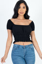 Casual Ruched Puff Sleeve Ribbed Knit Solid Top - Capella Apparel