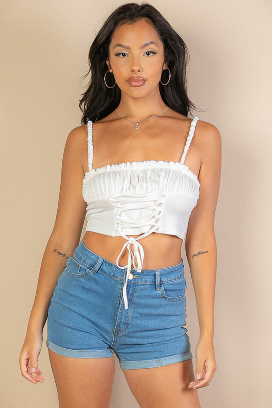 Ruched Bust Lace-up Cami Crop Top (CAPELLA) - Capella Apparel