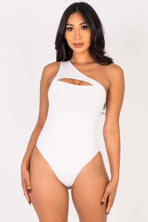 Ribbed Knit Cut Out One Shoulder Bodysuit - Capella Apparel