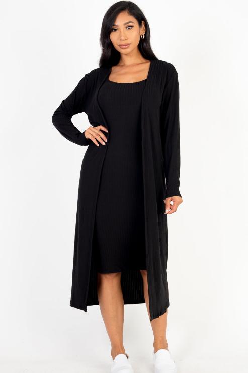 Ribbed Cardigan & Cami Midi Bodycon Dress - Capella Apparel