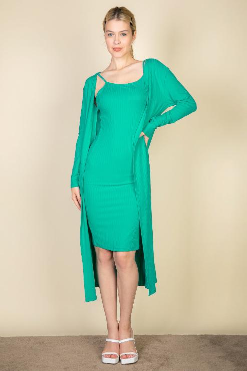 Ribbed Cardigan & Cami Midi Bodycon Dress - Capella Apparel