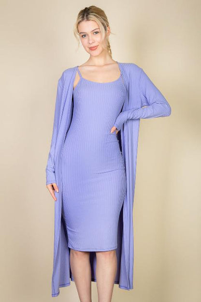 Ribbed Cardigan & Cami Midi Bodycon Dress - Capella Apparel