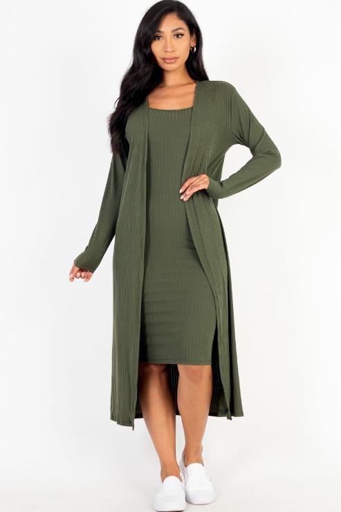 Ribbed Cardigan & Cami Midi Bodycon Dress - Capella Apparel