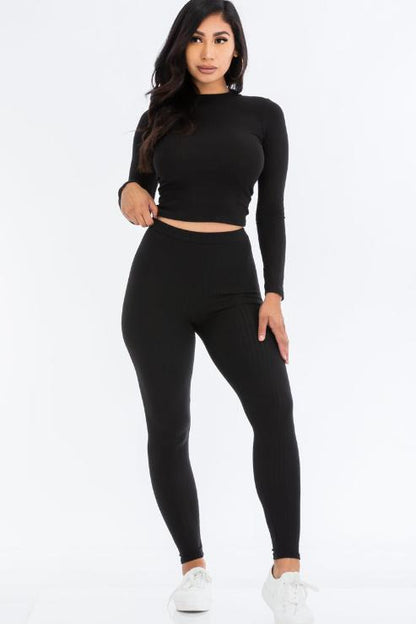 Ribbed Mock Neck Long Sleeve Top & Leggings Set - Capella Apparel Wholesale