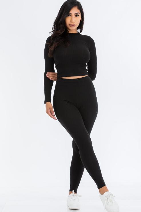 Ribbed Mock Neck Long Sleeve Top & Leggings Set - Capella Apparel Wholesale