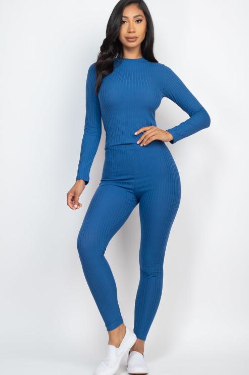 Ribbed Mock Neck Long Sleeve Top & Leggings Set - Capella Apparel Wholesale