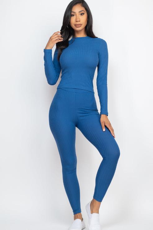 Ribbed Mock Neck Long Sleeve Top & Leggings Set - Capella Apparel Wholesale