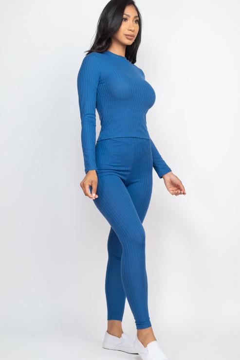 Ribbed Mock Neck Long Sleeve Top & Leggings Set - Capella Apparel Wholesale