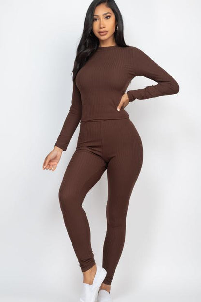 Ribbed Mock Neck Long Sleeve Top & Leggings Set - Capella Apparel Wholesale