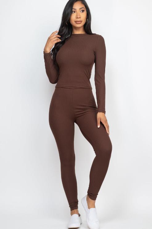 Ribbed Mock Neck Long Sleeve Top & Leggings Set - Capella Apparel Wholesale