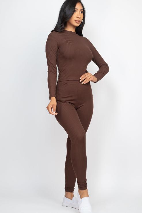 Ribbed Mock Neck Long Sleeve Top & Leggings Set - Capella Apparel Wholesale