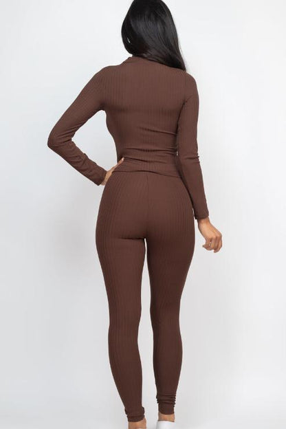 Ribbed Mock Neck Long Sleeve Top & Leggings Set - Capella Apparel Wholesale