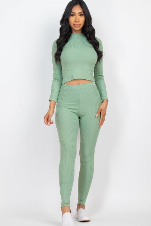 Ribbed Mock Neck Long Sleeve Top & Leggings Set - Capella Apparel Wholesale