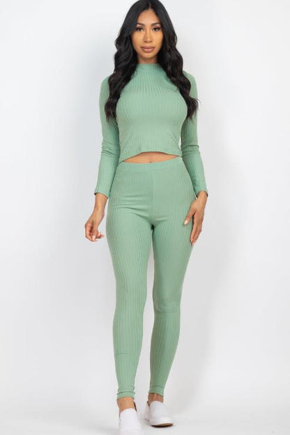 Ribbed Mock Neck Long Sleeve Top & Leggings Set - Capella Apparel Wholesale