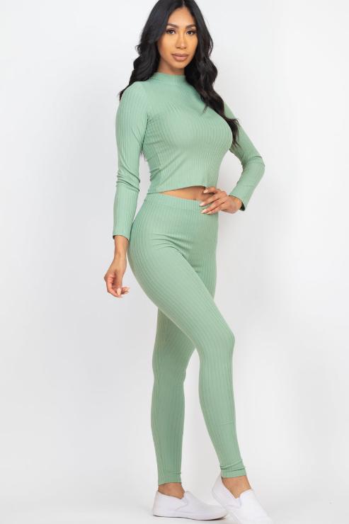 Ribbed Mock Neck Long Sleeve Top & Leggings Set - Capella Apparel Wholesale