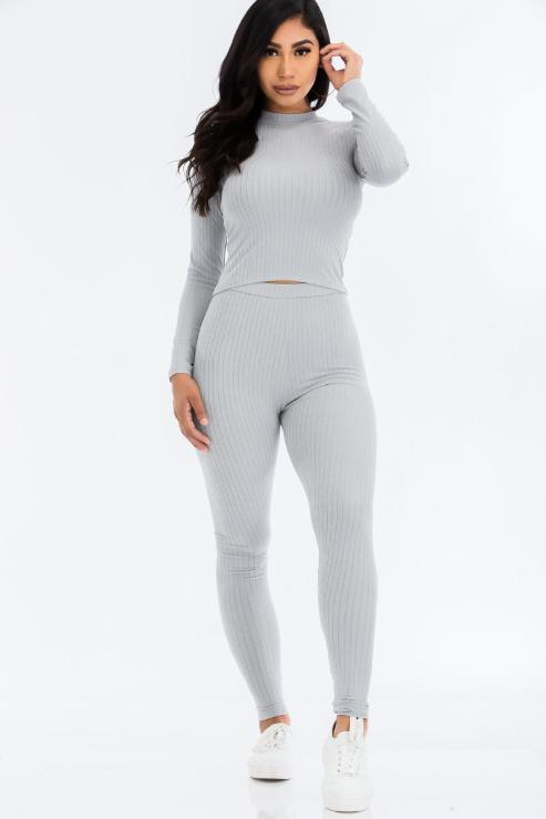 Ribbed Mock Neck Long Sleeve Top & Leggings Set - Capella Apparel Wholesale