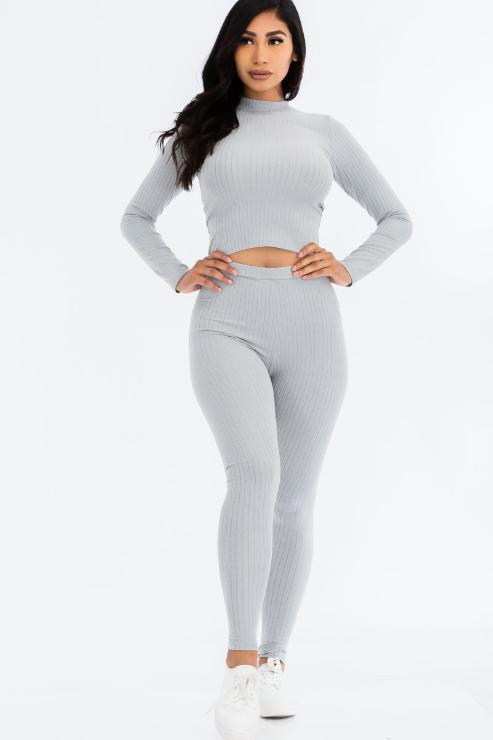 Ribbed Mock Neck Long Sleeve Top & Leggings Set - Capella Apparel Wholesale