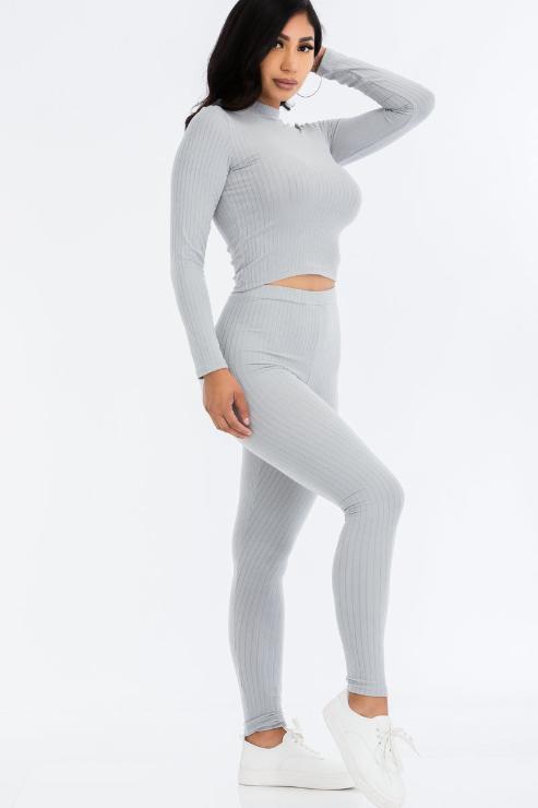 Ribbed Mock Neck Long Sleeve Top & Leggings Set - Capella Apparel Wholesale