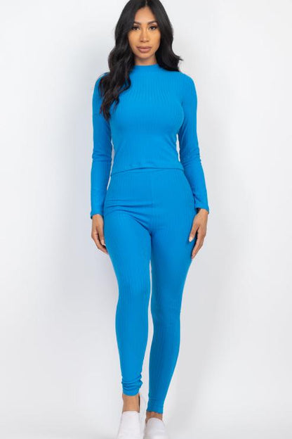 Ribbed Mock Neck Long Sleeve Top & Leggings Set - Capella Apparel Wholesale