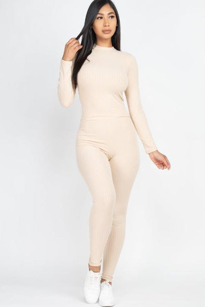 Ribbed Mock Neck Long Sleeve Top & Leggings Set - Capella Apparel Wholesale