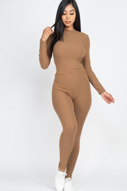 Ribbed Mock Neck Long Sleeve Top & Leggings Set - Capella Apparel Wholesale