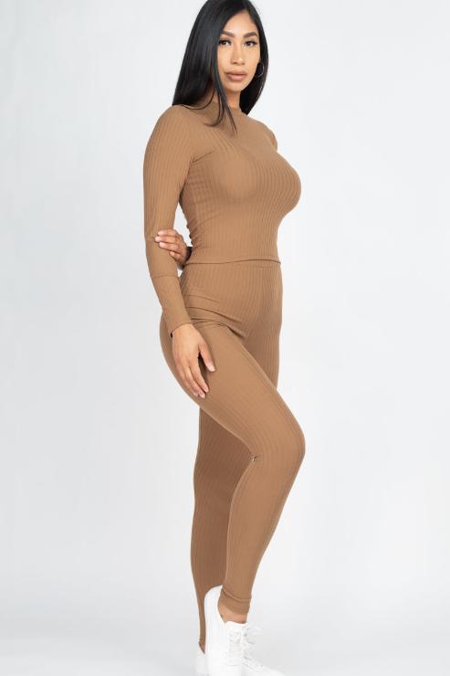 Ribbed Mock Neck Long Sleeve Top & Leggings Set - Capella Apparel Wholesale