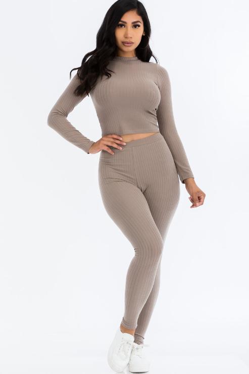 Ribbed Mock Neck Long Sleeve Top & Leggings Set - Capella Apparel Wholesale