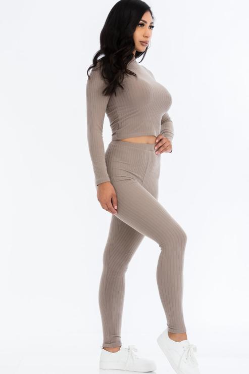 Ribbed Mock Neck Long Sleeve Top & Leggings Set - Capella Apparel Wholesale