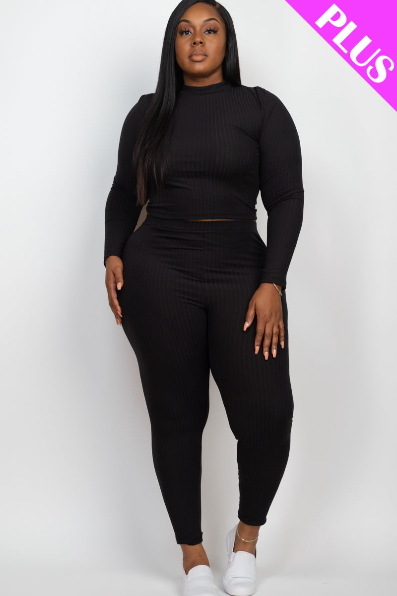 Plus Size Ribbed Mock Neck Long Sleeve Top & Leggings Set - Capella Apparel Wholesale