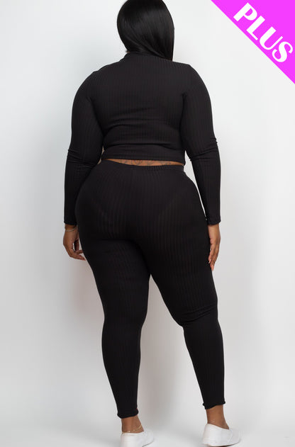 Plus Size Ribbed Mock Neck Long Sleeve Top & Leggings Set - Capella Apparel Wholesale