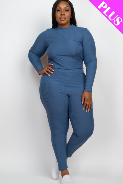 Plus Size Ribbed Mock Neck Long Sleeve Top & Leggings Set - Capella Apparel Wholesale