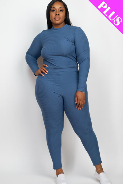 Plus Size Ribbed Mock Neck Long Sleeve Top & Leggings Set - Capella Apparel Wholesale