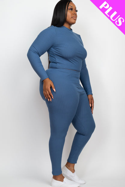 Plus Size Ribbed Mock Neck Long Sleeve Top & Leggings Set - Capella Apparel Wholesale