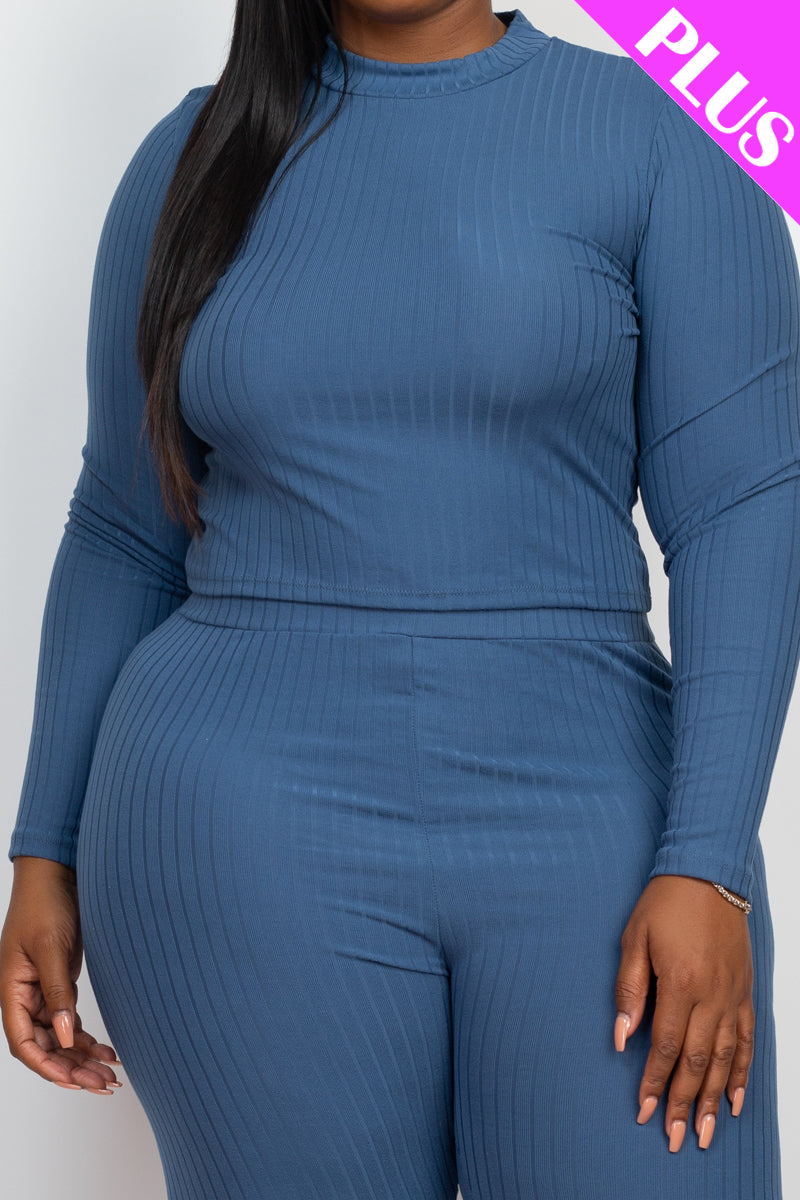 Plus Size Ribbed Mock Neck Long Sleeve Top & Leggings Set - Capella Apparel Wholesale