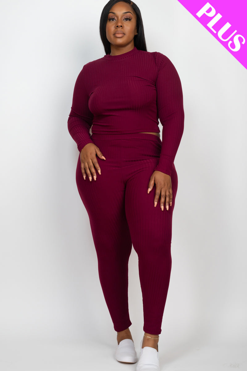 Plus Size Ribbed Mock Neck Long Sleeve Top & Leggings Set - Capella Apparel Wholesale