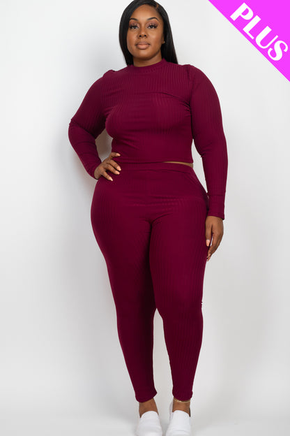 Plus Size Ribbed Mock Neck Long Sleeve Top & Leggings Set - Capella Apparel Wholesale