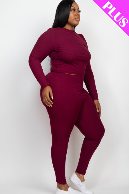 Plus Size Ribbed Mock Neck Long Sleeve Top & Leggings Set - Capella Apparel Wholesale