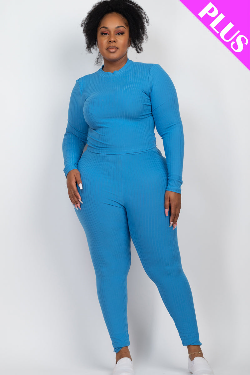 Plus Size Ribbed Mock Neck Long Sleeve Top & Leggings Set - Capella Apparel Wholesale