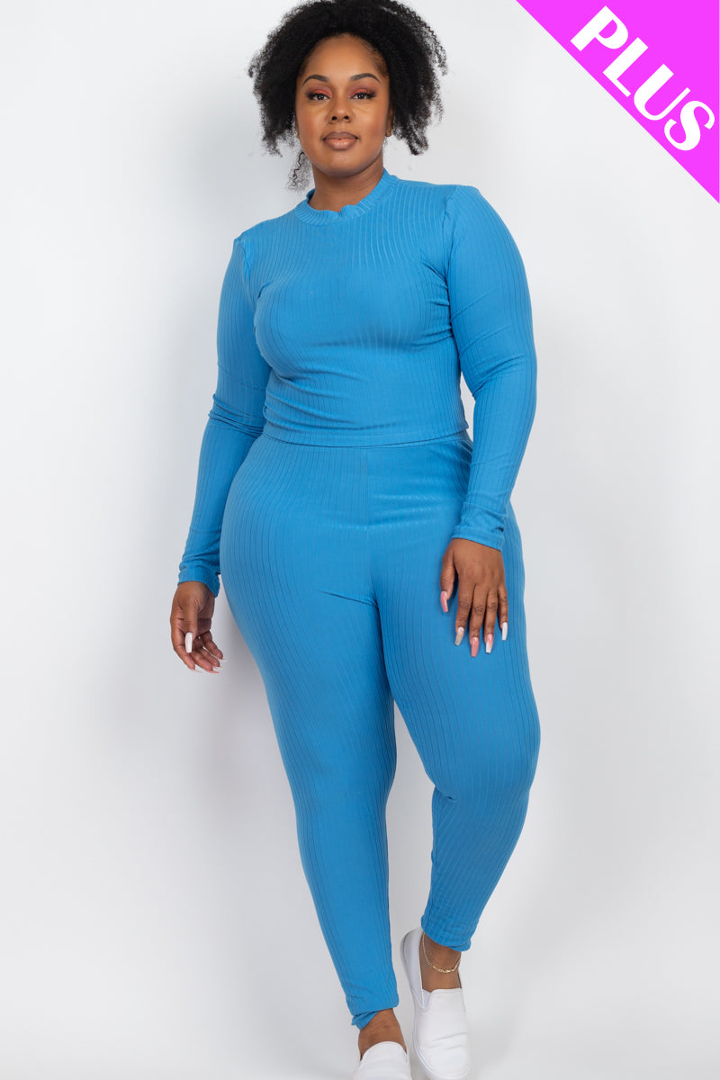 Plus Size Ribbed Mock Neck Long Sleeve Top & Leggings Set - Capella Apparel Wholesale