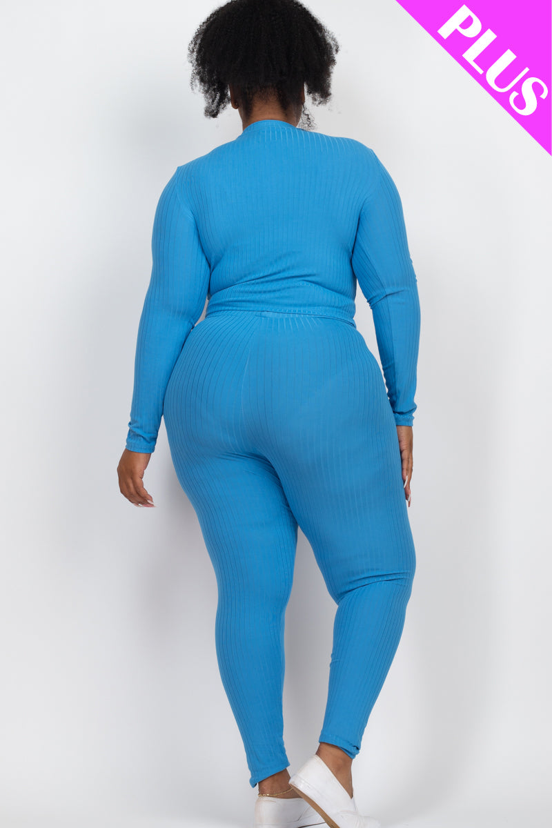 Plus Size Ribbed Mock Neck Long Sleeve Top & Leggings Set - Capella Apparel Wholesale