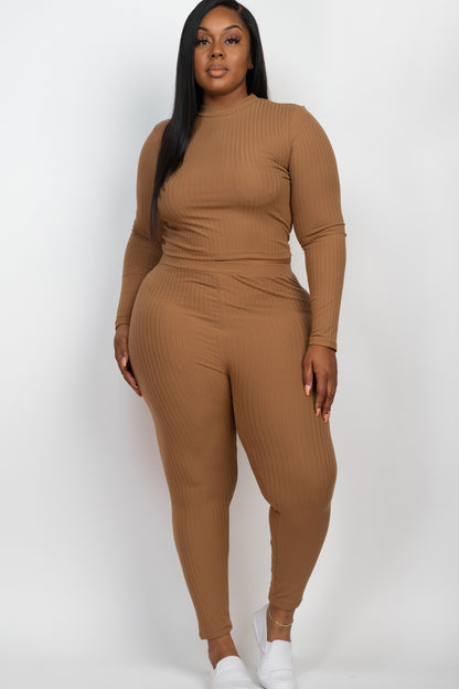 Plus Size Ribbed Mock Neck Long Sleeve Top & Leggings Set - Capella Apparel Wholesale