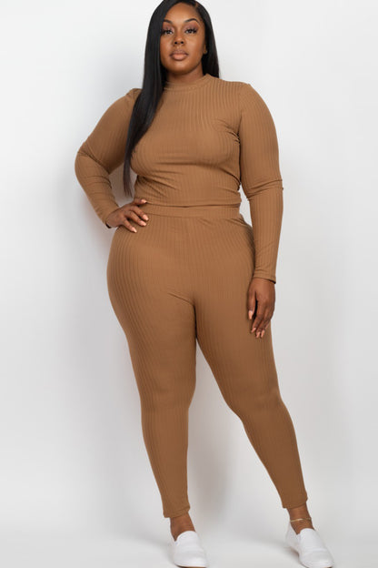 Plus Size Ribbed Mock Neck Long Sleeve Top & Leggings Set - Capella Apparel Wholesale