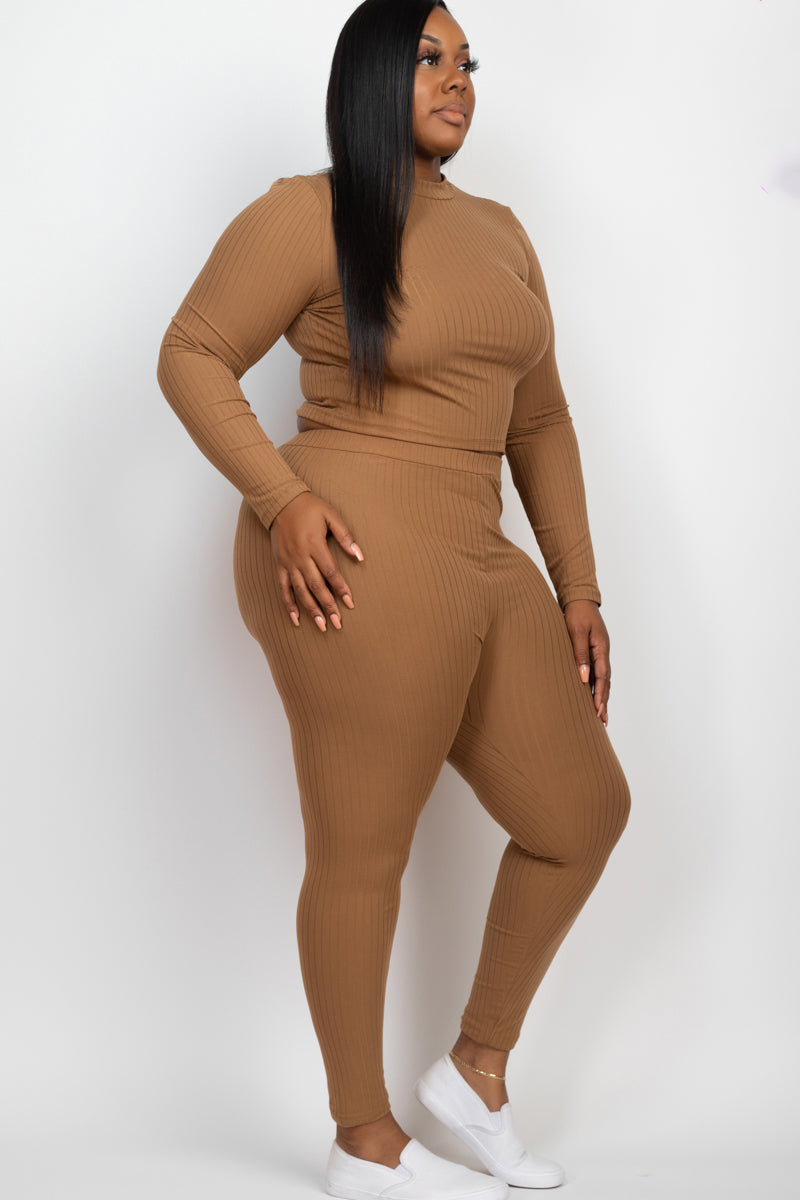 Plus Size Ribbed Mock Neck Long Sleeve Top & Leggings Set - Capella Apparel Wholesale