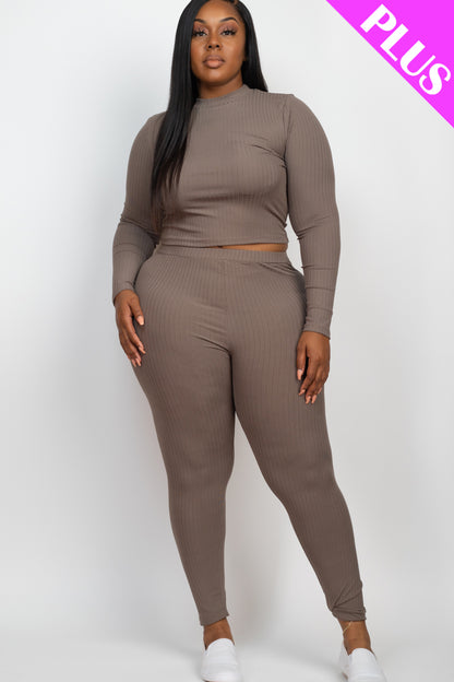 Plus Size Ribbed Mock Neck Long Sleeve Top & Leggings Set - Capella Apparel Wholesale